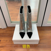 BALMAIN 26S BOOTS 105 MM IN SILVER GLITTER AND BLACK SUEDE