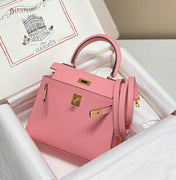 KELLY MINI 20 BAG IN ROUGE PINK CALFSKIN WITH GOLD HARDWARE