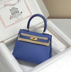 KELLY MINI 20 BAG IN AZURE BLUE CALFSKIN WITH GOLD HARDWARE