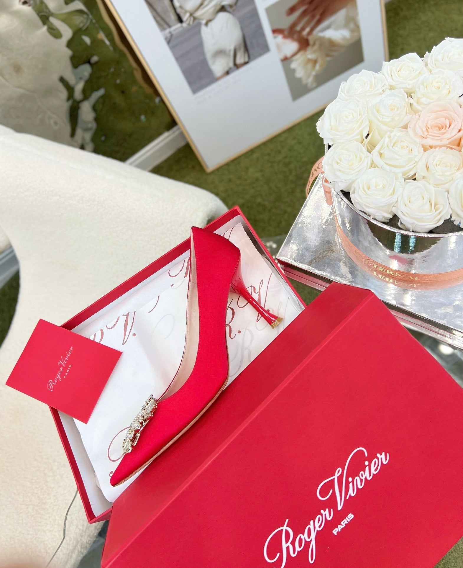 EFFLORESCENCE POINTED-TOE PUMPS IN RED SATIN WITH CRYSTAL BUCKLE