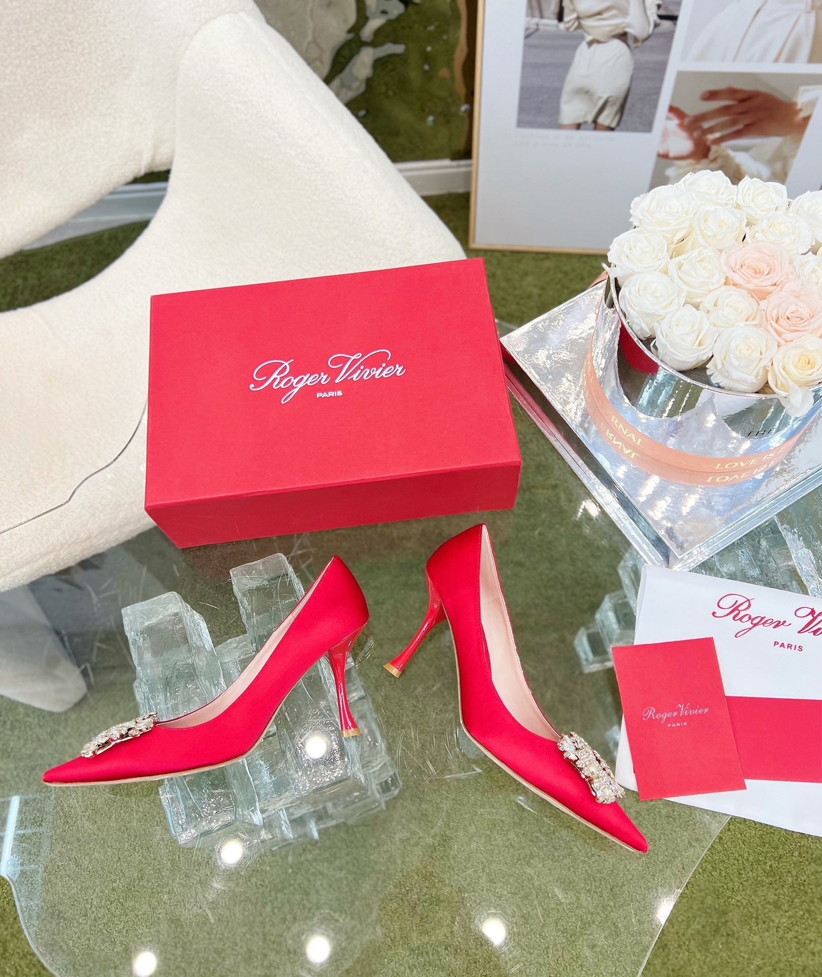 EFFLORESCENCE POINTED-TOE PUMPS IN RED SATIN WITH CRYSTAL BUCKLE