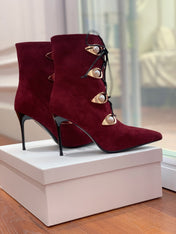 BALMAIN 26S BOOT 95 MM IN DARK RED SUEDE PEARL BUTTON
