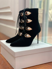 BALMAIN 26S BOOT 95 MM IN BLACK SUEDE PEARL BUTTON