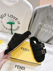 FENDI DAD SANDAL MULE IN BLACK SUEDE WITH FLEECE WITH GOLD HARDWARE