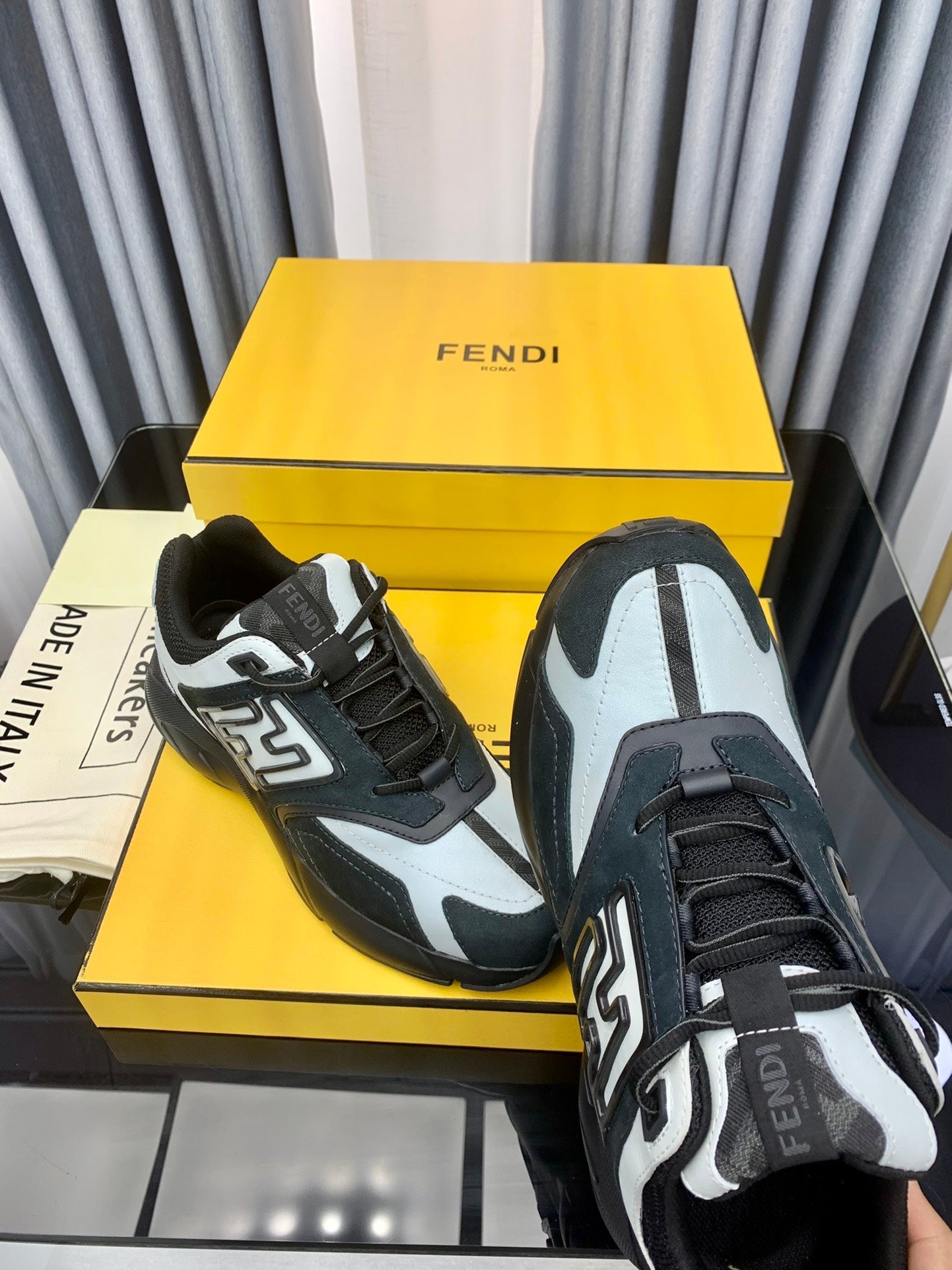 FENDI FASTER TRAINER IN BLACK SUEDE MIX WHITE CALFSKIN