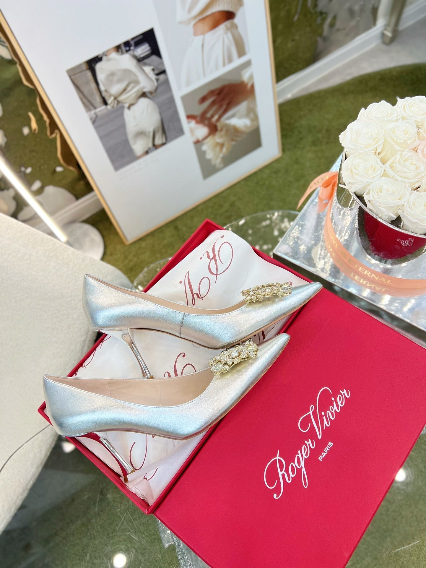 EFFLORESCENCE POINTED-TOE PUMPS 85MM IN SILVER SATIN WITH CRYSTAL BUCKLE