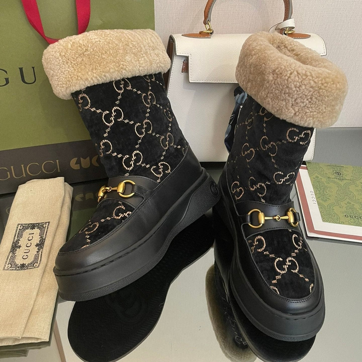 HORSEBIT SNOW ANKLE BOOTS IN BLACK MONOGRAM VELVET MIX CALFSKIN AND LAMB WOOL LINING