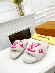 LV FLAT SLIPPER IN WHITE MIX BRIGHT PINK SHEARLING