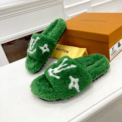 LV FLAT SLIPPER IN EMERALD GREEN MIX WHITE SHEARLING