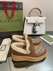 GG LOAFER IN PEANUT BROWN JACQUARD AND CHOCOLATE BROWN CALFSKIN WITH BEIGE WOOL LINING