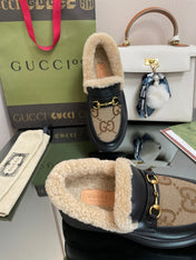 GG LOAFER IN PEANUT BROWN JACQUARD AND BLACK CALFSKIN WITH BEIGE WOOL LINING