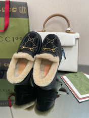 GG LOAFER IN BLACK JACQUARD AND CALFSKIN WITH BEIGE WOOL LINING