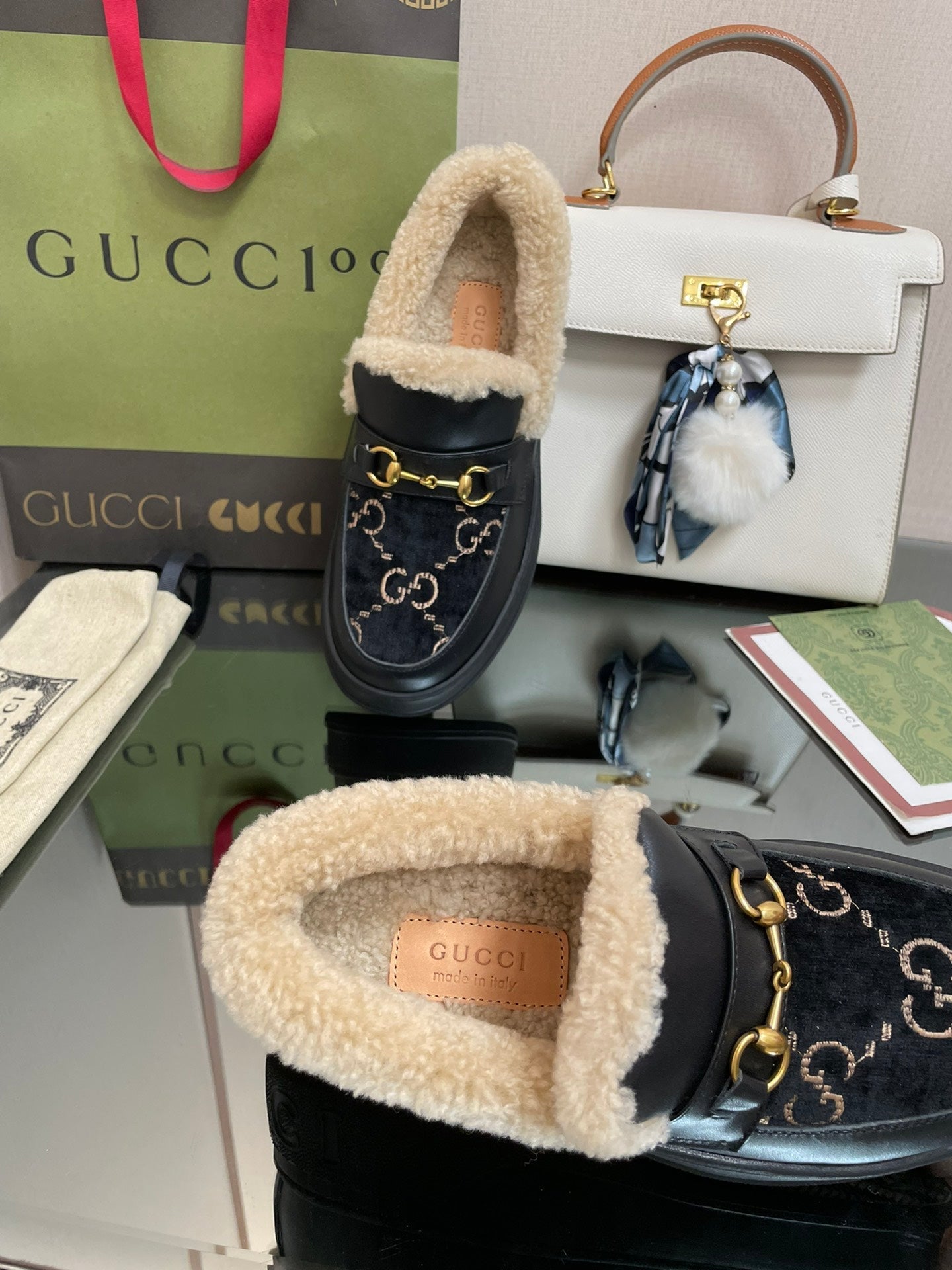 GG LOAFER IN BLACK JACQUARD AND CALFSKIN WITH BEIGE WOOL LINING