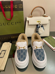 GG LOAFER IN BLUE JACQUARD MIX WHITE CALFSKIN WITH BEIGE WOOL LINING