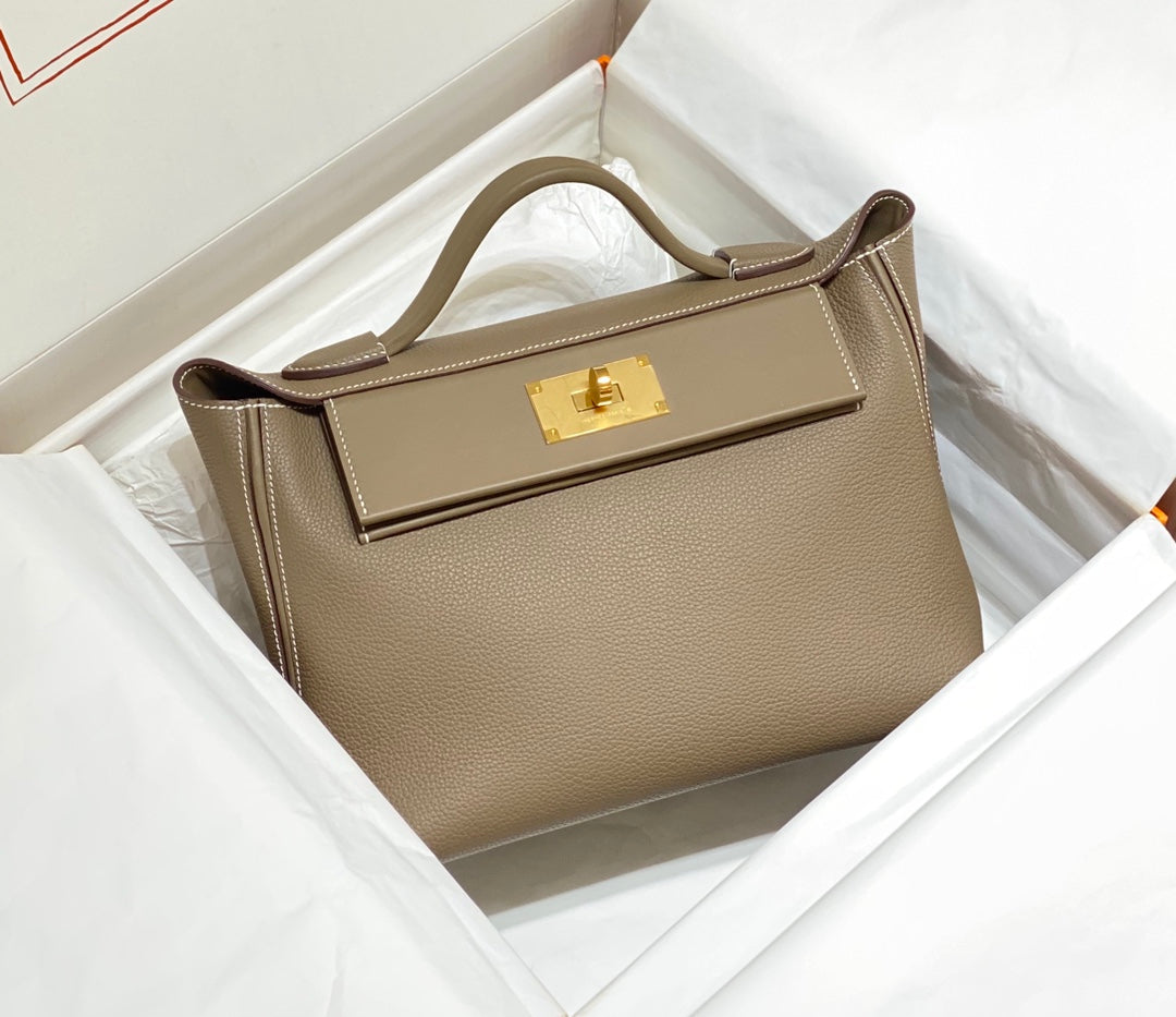 MINI 24/24 29CM IN TOGO ETOUPE EVERCOLOR CALFSKIN GOLD KELLY BUCKLE