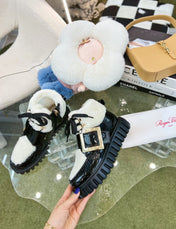 VIV' GO THICK ANKLE BOOTS IN BLACK CALFSKIN AND SHEARLING WITH GOLD BUCKLE