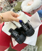 VIV' GO THICK ANKLE BOOTS IN BLACK CALFSKIN AND SHEARLING WITH GOLD BUCKLE