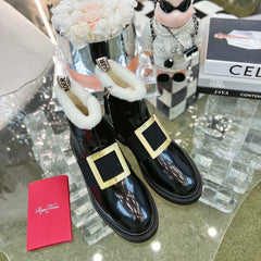VIV' RANGERS CHELSEA BOOTIES IN PATENT BLACK CALFSKIN FLEECE LINING GOLD BUCKLE