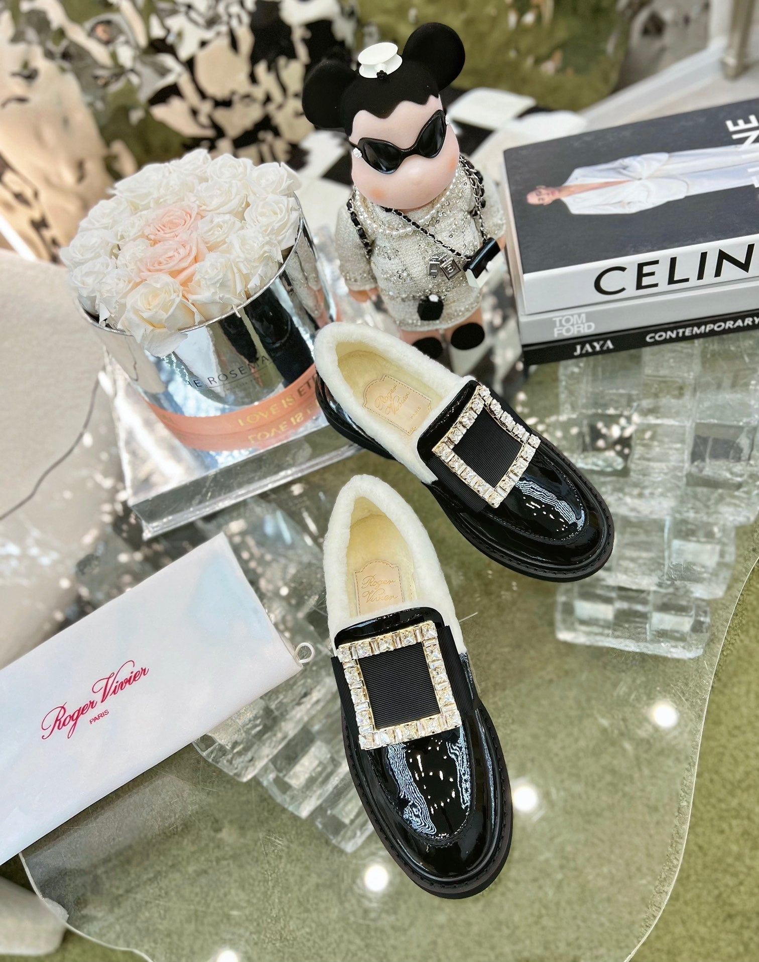 VIV' RANGERS LOAFERS IN BLACK PATENT CALFSKIN FLEECE LINING CRYSTAL BUCKLE