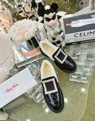 VIV' RANGERS LOAFERS IN BLACK PATENT CALFSKIN FLEECE LINING CRYSTAL BUCKLE