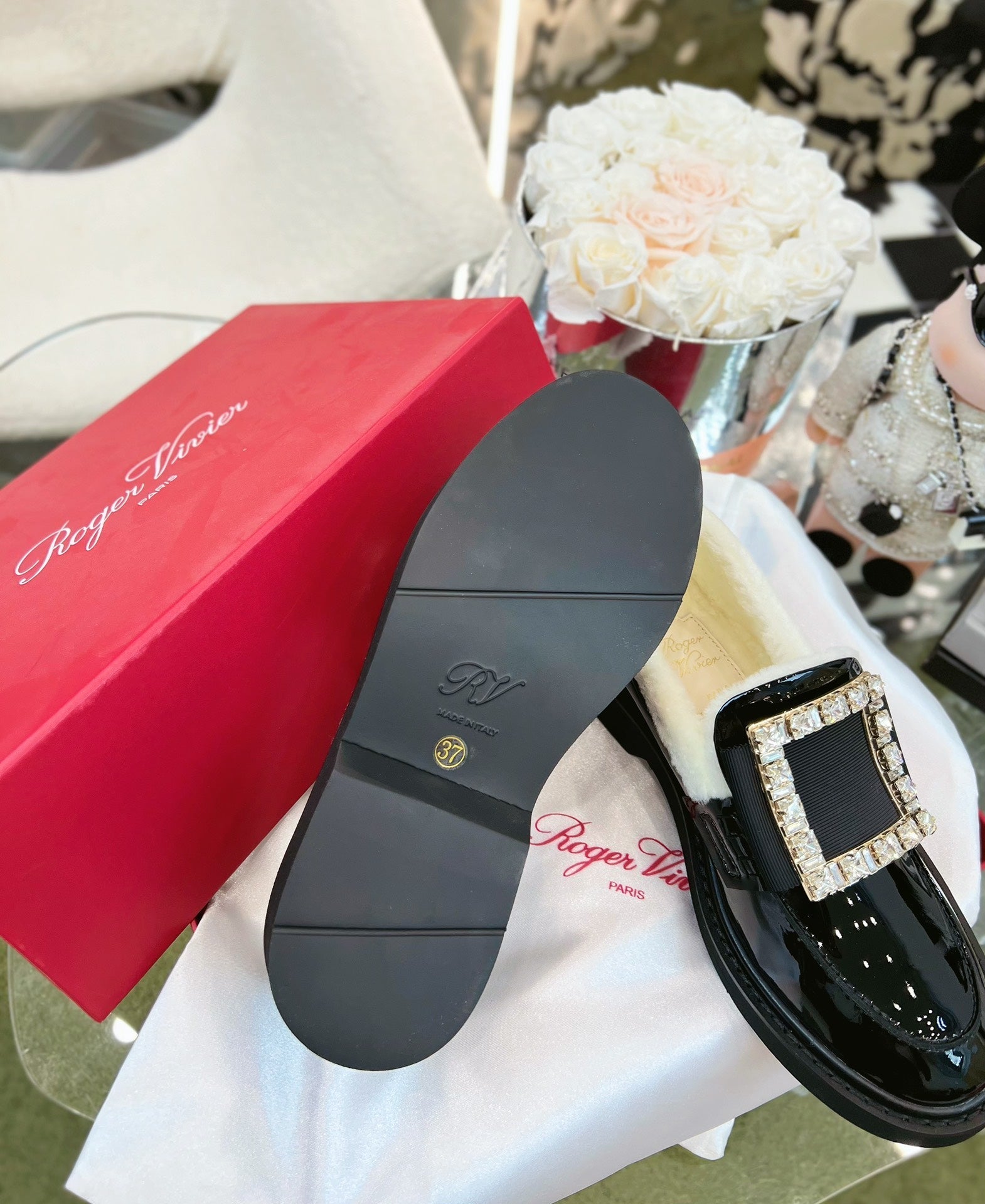 VIV' RANGERS LOAFERS IN BLACK PATENT CALFSKIN FLEECE LINING CRYSTAL BUCKLE