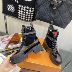 LAUREATE PLATFORM BOOTS IN BLACK SUEDE AND CHOCOLATE BROWN MONOGRAM CALFSKIN