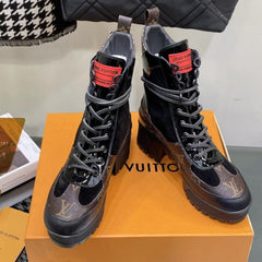 LAUREATE PLATFORM BOOTS IN BLACK SUEDE AND CHOCOLATE BROWN MONOGRAM CALFSKIN