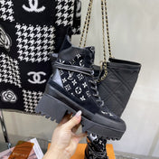 LAUREATE PLATFORM BOOTS IN BLACK MIX WHITE SUEDE AND MONOGRAM JACQUARD PATTERN