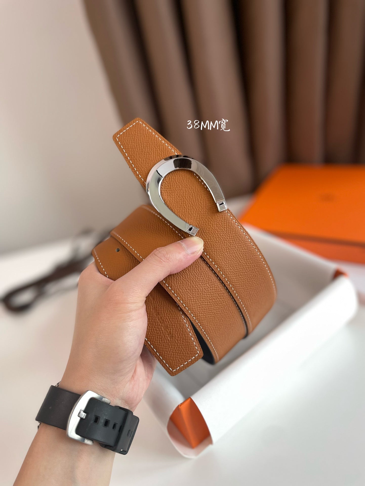 LUCK BELT BUCKLE & REVERSIBLE GINGER ORANGE AND BLACK LEATHER STRAP 38MM SILVER HARDWARE