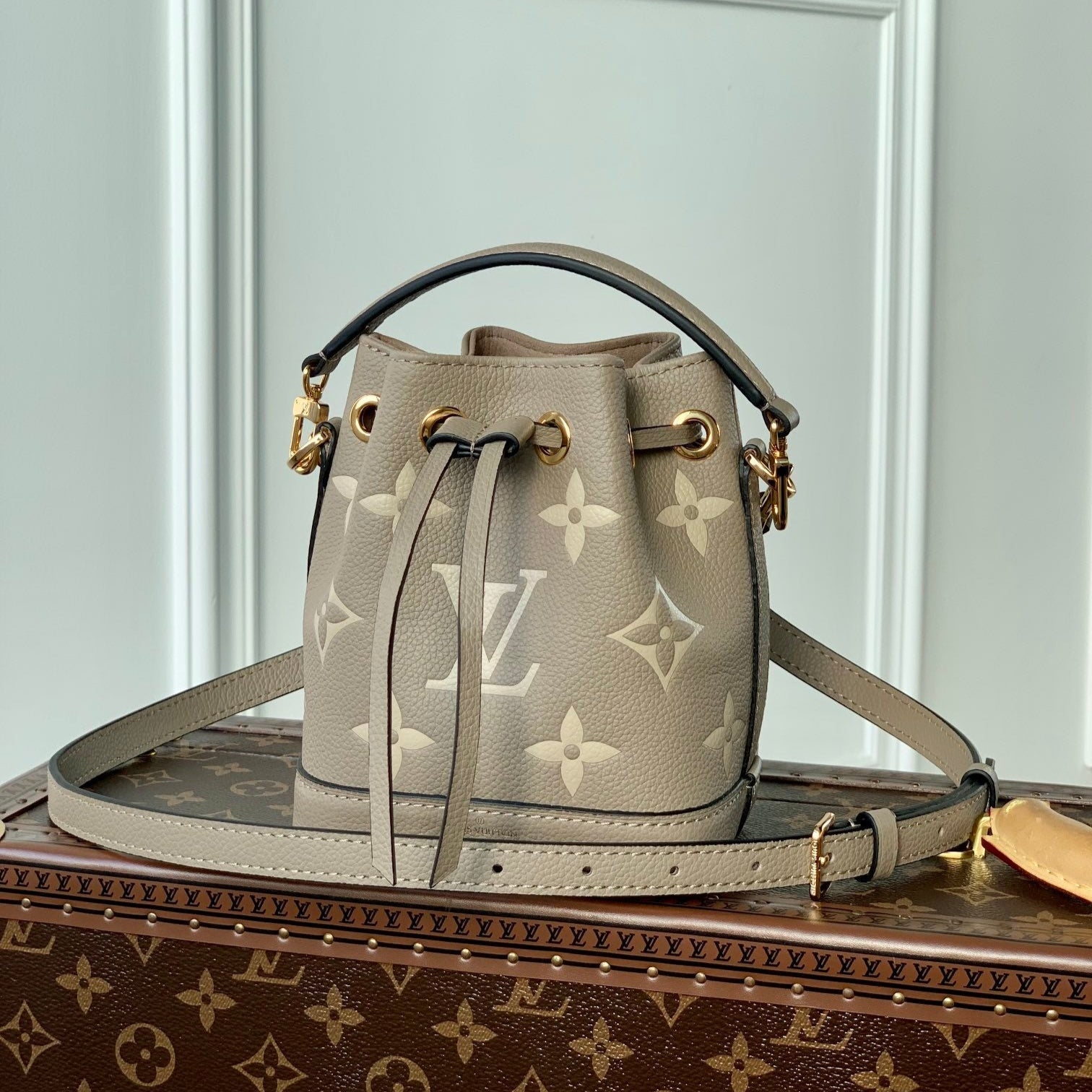 NANO NOÉ 16 IN GREY TOURTERELLE BICOLOR MONOGRAM EMPREINTE CALFSKIN