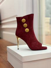 BALMAIN 26S OPEN-TOE BOOTS 95 MM IN DARK RED SUEDE