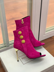 BALMAIN 26S OPEN-TOE BOOTS 95 MM IN DARK PINK SUEDE