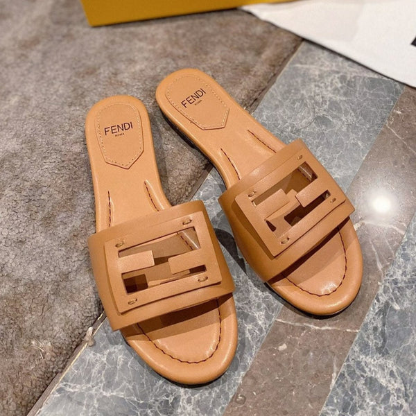 FENDI BAGUETTE SLIDES IN  COPPER BROWN LAMBSKIN