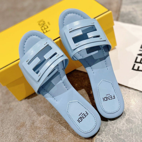 FENDI BAGUETTE SLIDES IN  BABY BLUE LAMBSKIN