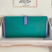 JIGE ELAN 29 CLUTCH IN TEAL GREEN CALFSKIN WITH ROYAL BLUE LIZARD SKIN