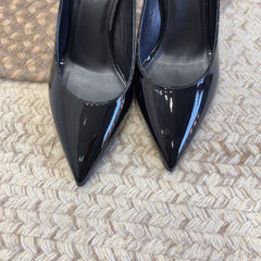 OPYUM SILVER HEEL PUMPS IN BLACK GLOSSY CALFSKIN