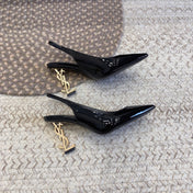 OPYUM GOLD HEEL SLINGBACK PUMPS IN BLACK GLOSSY CALFSKIN