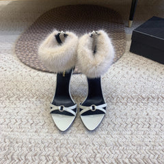 HIGH HEEL SANDAL IN WHITE POLISHED CALFSKIN AND MINK FUR