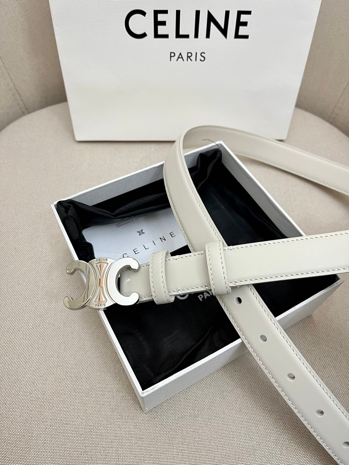 CELINE 25S TRIOMPHE 25MM BELT IN WHITE CALFSKIN SILVER HARDWARE