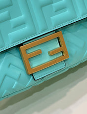 BAGUETTE WITH FF MOTIF 27 IN TURQUOISE SOFT LAMBSKIN GOLD HARDWARE