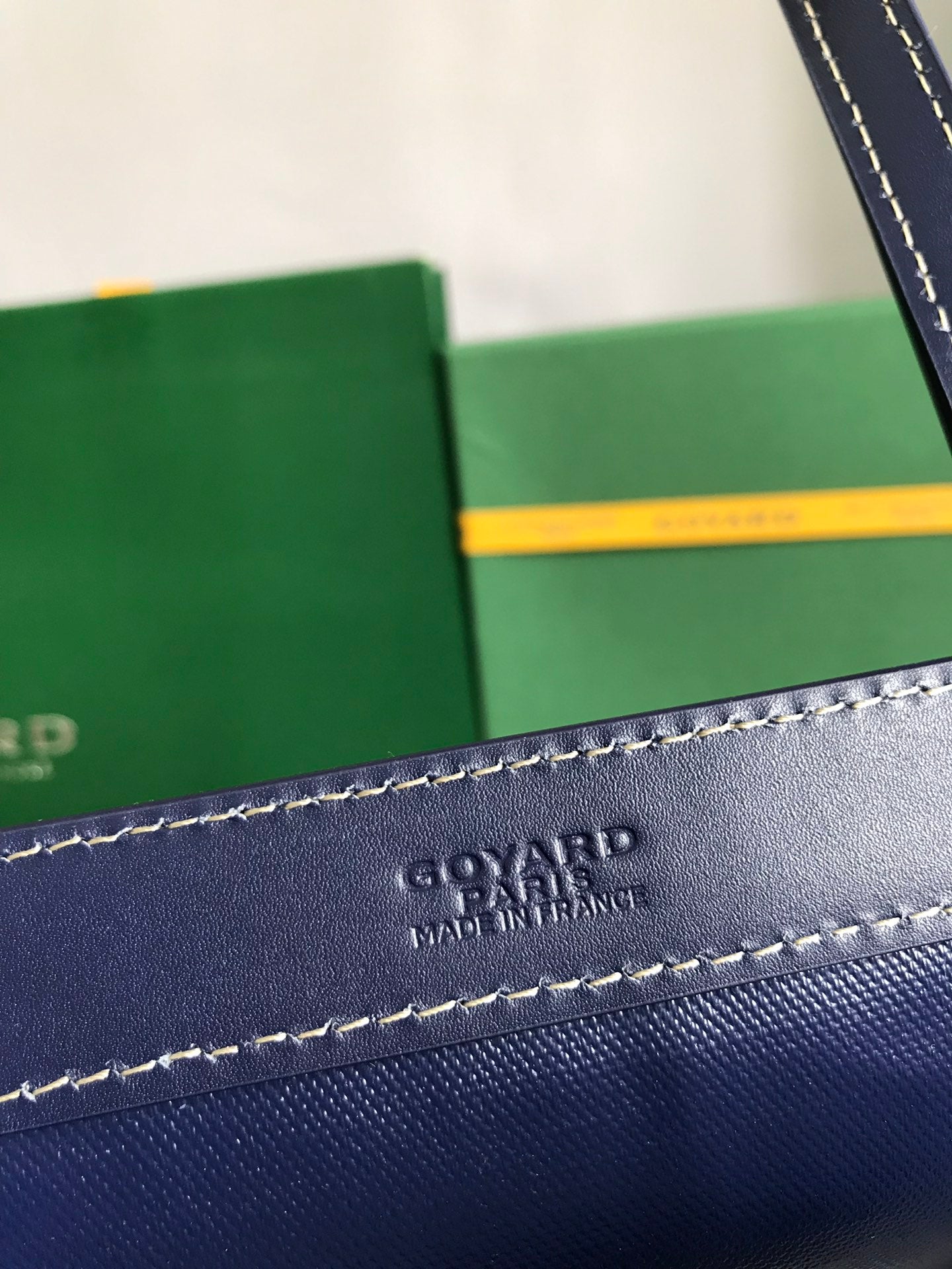 BELLECHASSE BIAUDE PM BAG 36 IN NAVY BLUE GOYARDINE CANVAS AND CALFSKIN TRIM