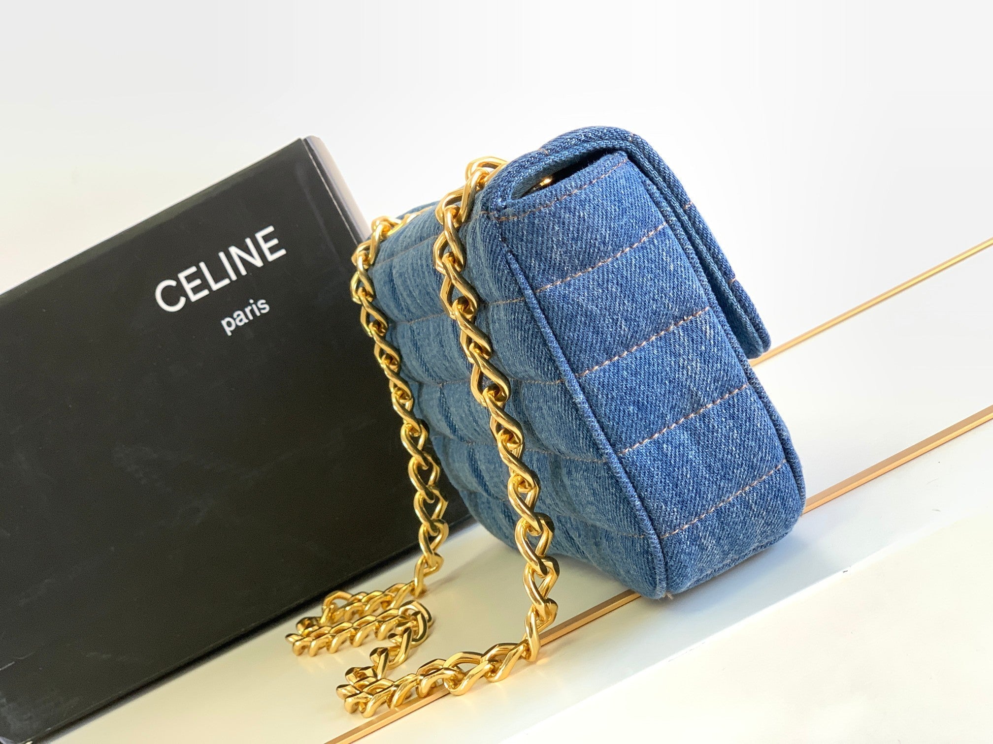 DENIM LEATHER 24 CHAIN SHOUDER BAG