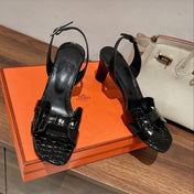 SLINGBACK ETERNITE 75 BLACK LAMBSKIN AND CROCODILE LEATHER