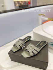 SL TRIBUTE SLIPPERS GLOSSY SAGE CALFSKIN