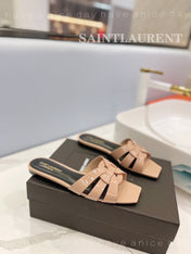 SL TRIBUTE SLIPPERS GLOSSY PINK NUDE CALFSKIN