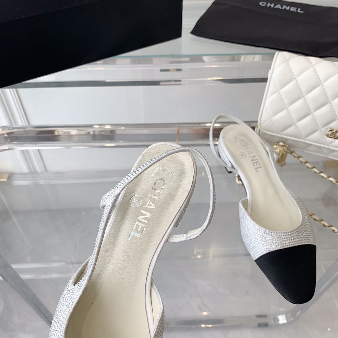 Double CC Rhinestone Slingback Sheepskin White Black