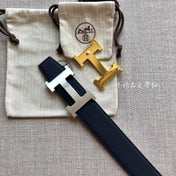 HM BELT BUCKLE & REVERSIBLE BLACK LEATHER STRAP 38MM SILVER HARDWARE