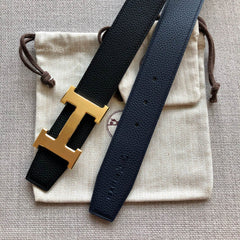 HM BELT BUCKLE & REVERSIBLE BLACK LEATHER STRAP 38MM GOLD HARDWARE