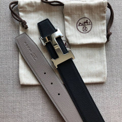 HM BELT BUCKLE & REVERSIBLE BLACK AND TAN BROWN LEATHER STRAP 38MM SILVER HARDWARE