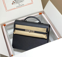 KELLY DEPECHES 34 BRIEFCASE IN BLACK TOGO CALFSKIN SILVER HARDWARE